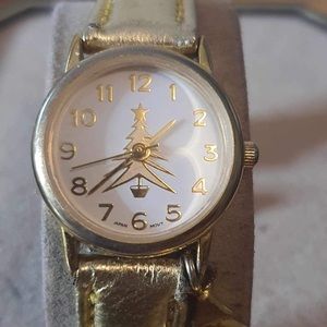 🦋10/$20🦋 Vintage Nelsonic Goldtone/White Leather Women's Christmas Watch